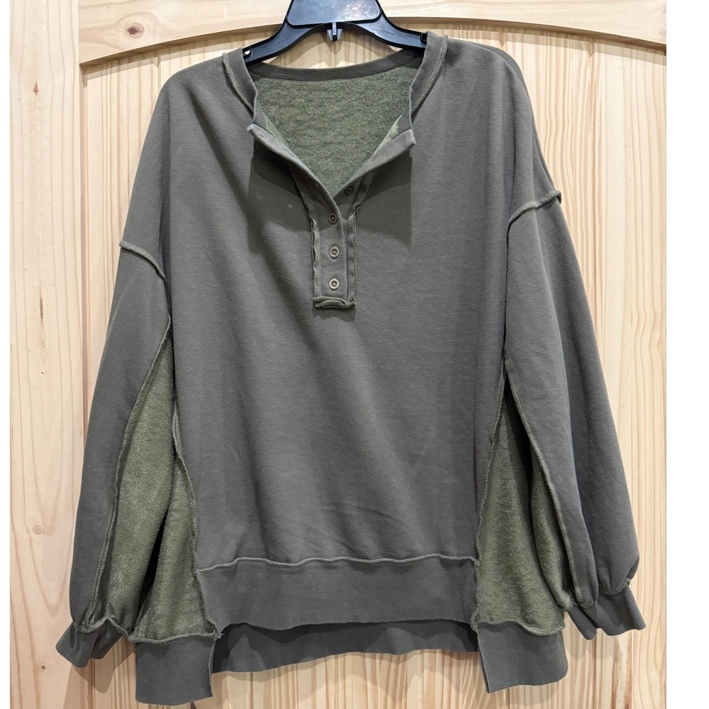 Olive Green Mixed Media Henley Sweatshirt Oversized Deconstructed Pullover M